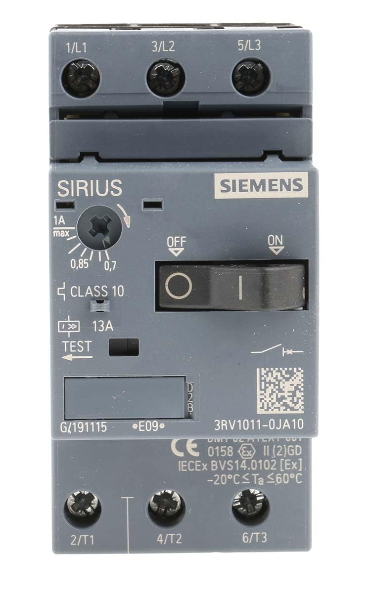 Siemens 3RV1 Motorschutzschalter, 0.7A, 1 A Schutzschalter 690V 90mm x 45 mm Motorschutzschalter mit Strom