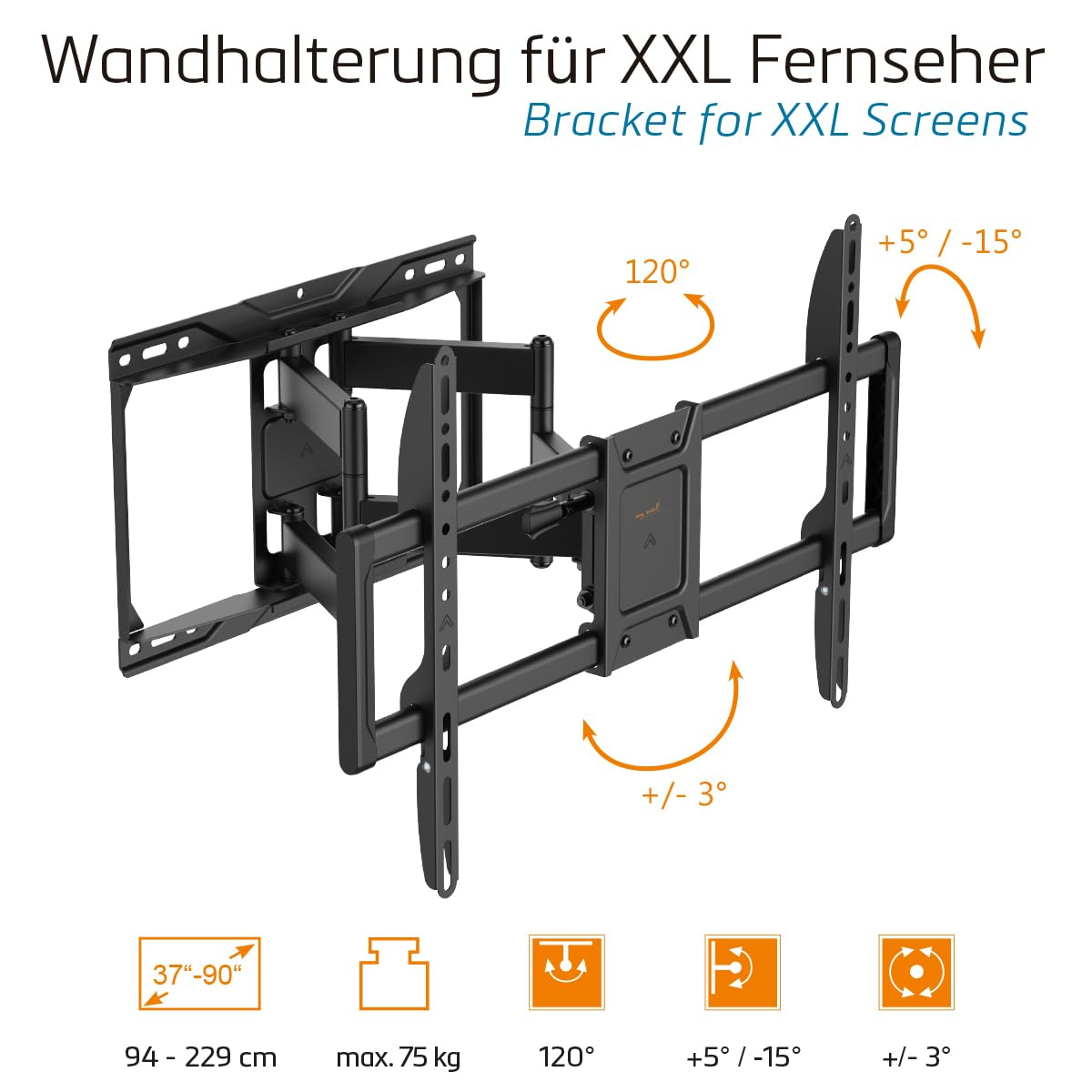 My Wall TV Support Mural orientable pour TV XXL 37-90" jusqu'à 75 kg, inclinable, Extensible de 7 à 16,6 Pouces, Prise en Main, Orientation Horizontale, Design Fin, VESA 200 x 100 à 600 x 400