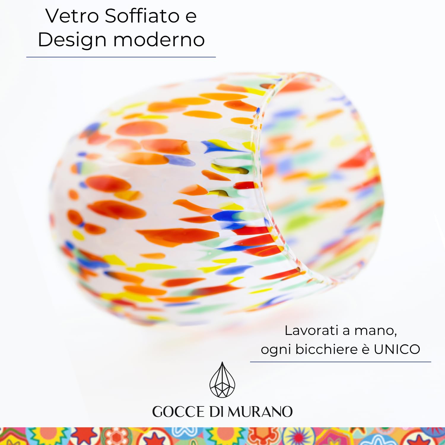 Gocce di Murano 6 Bicchieri Acqua Lavorati Secondo la Tradizione degli Artigiani di Murano, Bicchiere Soffiato e Lavorato a Mano 300 ml - Bicchieri Acqua Vetro Arcobaleno Pioggia