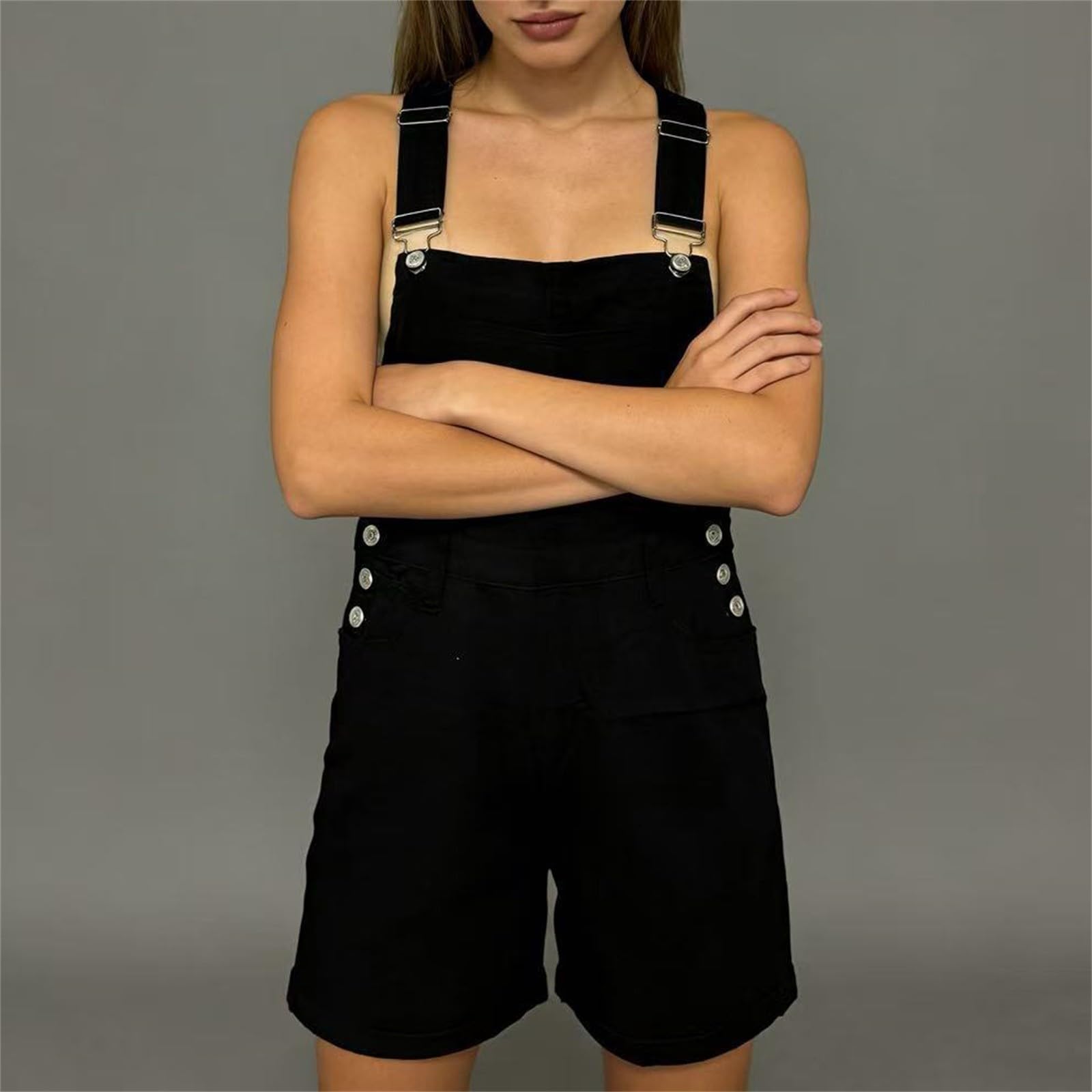Peto corto para mujer, pantalones vaqueros, mono holgado, pantalones cortos de mezclilla, informales, verano | Jumpsuits Con Tirantes Ajustables, Look Usado Jean Shortalls Con Bolsillos Pelele Pantalones Tirantes Para Diario Ocio