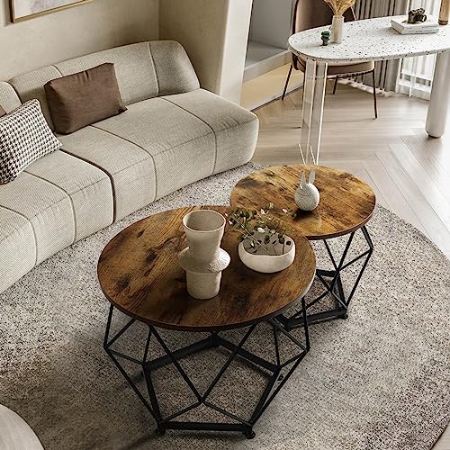 Small Round Coffee Table Set of 2,Modern Coffee Table with Metal Frame, Coffee and End Table Sets for Living Room, Bedroom, Home Office, Farmhouse, Rustic Brown and Black
