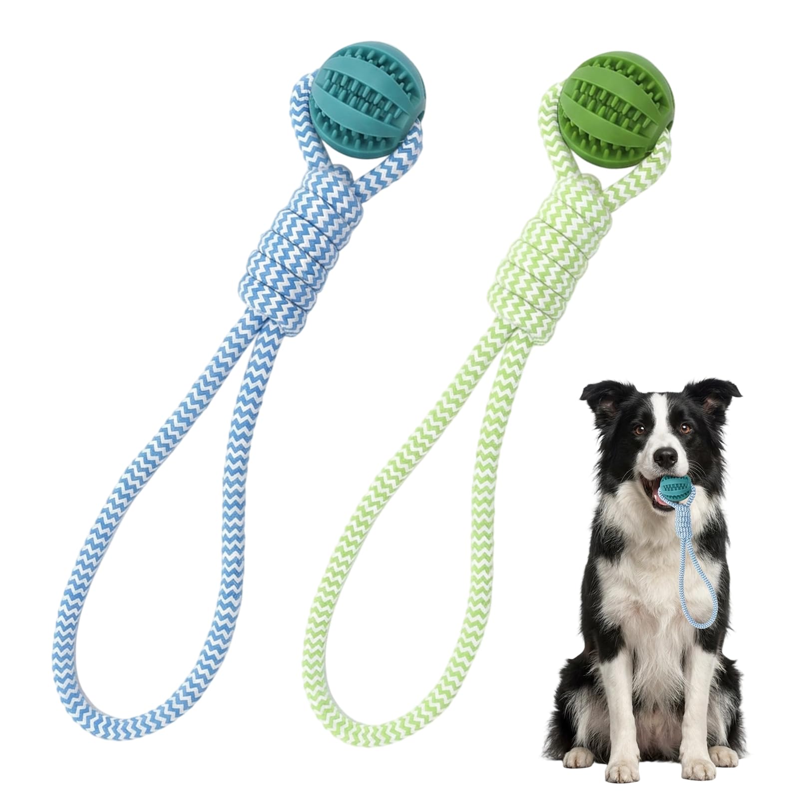 2 Pack Tug Toys for Dogs with Cotton Rope, Durable Dog Toy Set for Tug of War & Chewing, Strong Ball on a Rope for Dogs for Indoor & Outdoor Training, Blue and Green