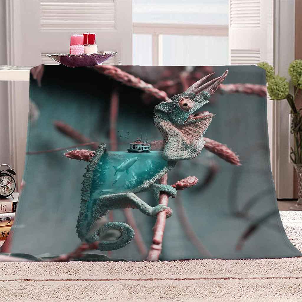 Couverture polaire en flanelle lézard bleu 150x200cm pour lit et canapé