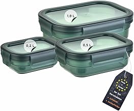Set of 3 Storage Jars with Lids, Airtight, Leak-Proof, Stackable, Storage Jars, BPA-Free, Plastic, Various Sizes, 0.2 L / 0.5 L / 1.0 L, Transparent Moss Green