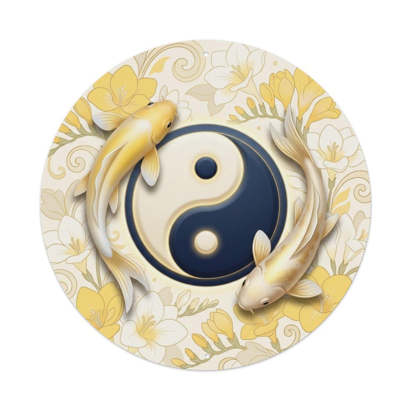 TaiChi Koi Fish Freesia Yellow White Flower Fragrant Fresh Metal Tin Sign