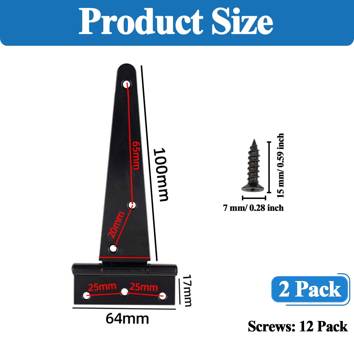 Wopanxye 2 Pack 4 inch (100 mm) Shed Door Tee Hinges, Black 6 Hole with Screws, 270 Open Angle, Outdoor Weatherproof Hinges - Image 2