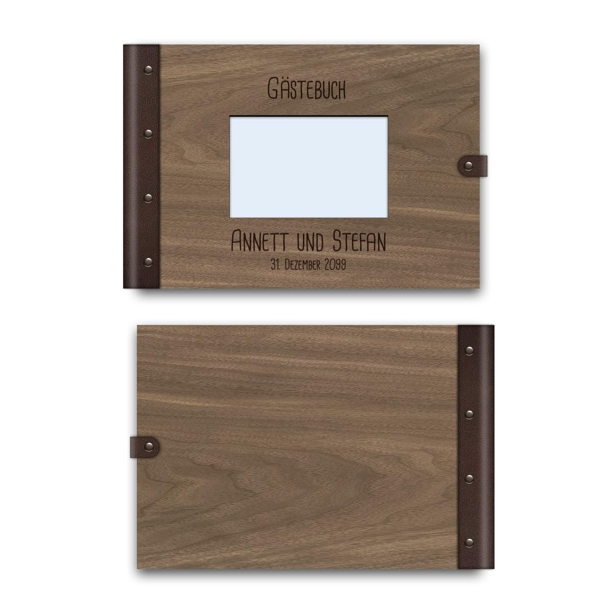 Personalisiertes Hochzeit Gästebuch echtes Holz DIN A4 mit Platz für Foto auf der ersten Seite - Rechteck - mit 72 Blatt / 144 Seiten Naturpapier Weiß