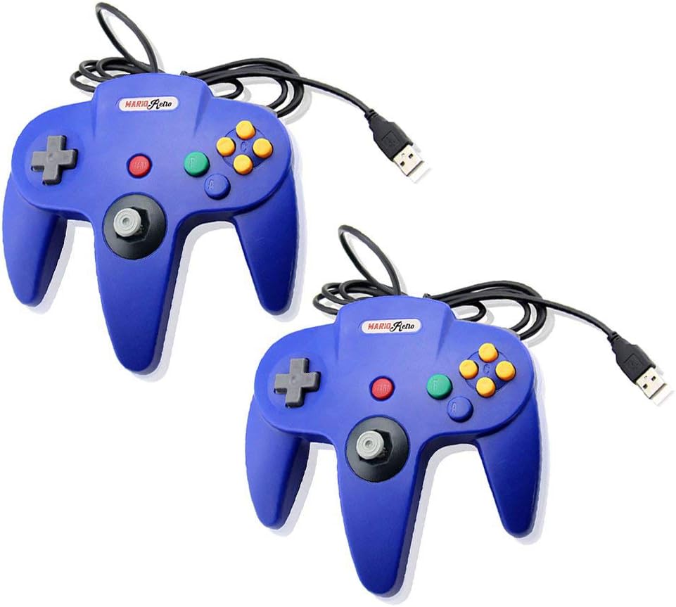 Blue Bundle Nintendo 64 Classic USB Game Wired Controller Joypad Gaming- Compatible with PC and MAC- Emulator, raspberry pi, Windows PC by Mario Retro Dual Pack Blue