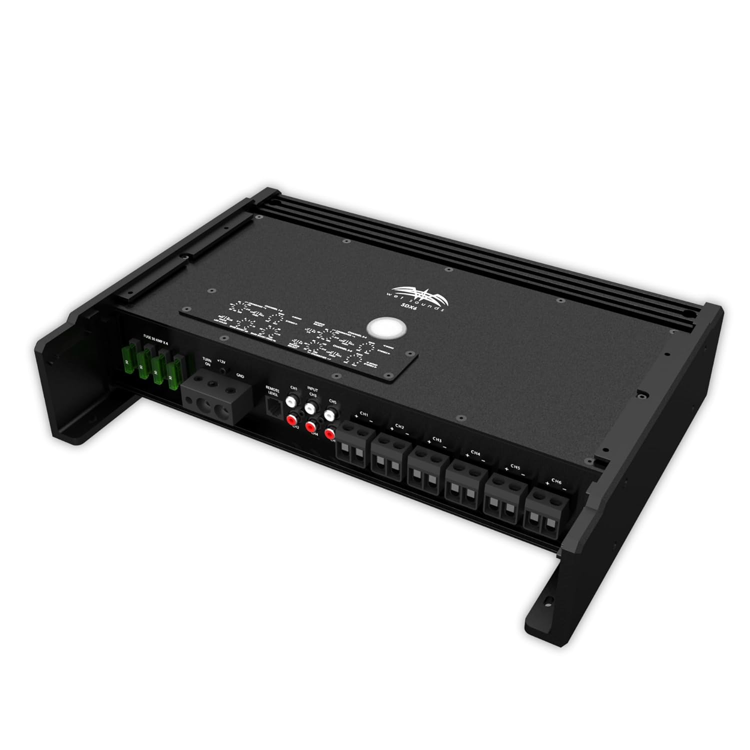 Wet Sounds Sinister-SDX6 Marine AmpLifier input- og output-forbindelser