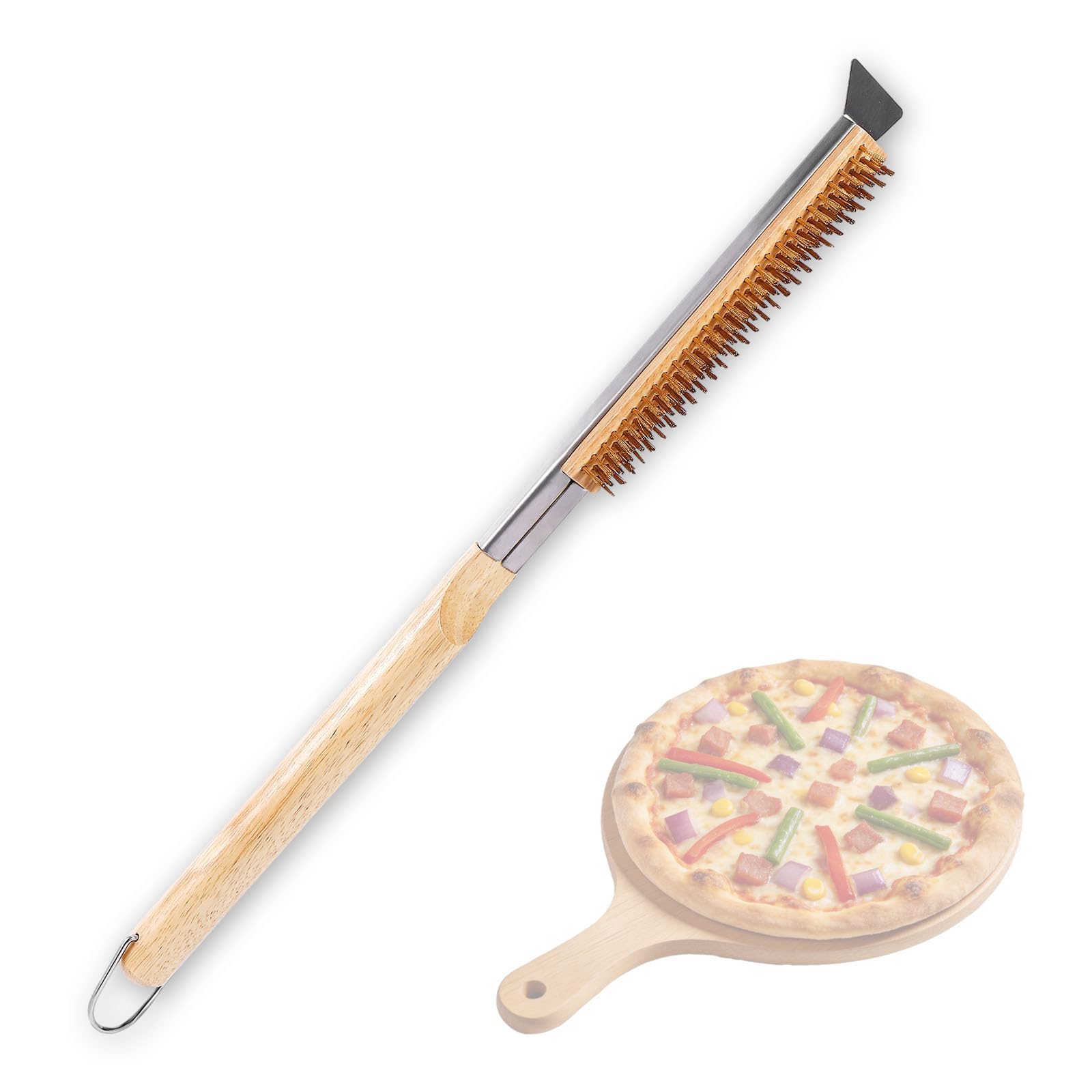 Brosse de Four à Pizza avec Grattoir, Outil de Nettoyage 53 cm, Poils en Laiton Résistants à la Chaleur et Manche en Grille Barbecue, Boispour Pierre à Pizza et Fours Extérieurs