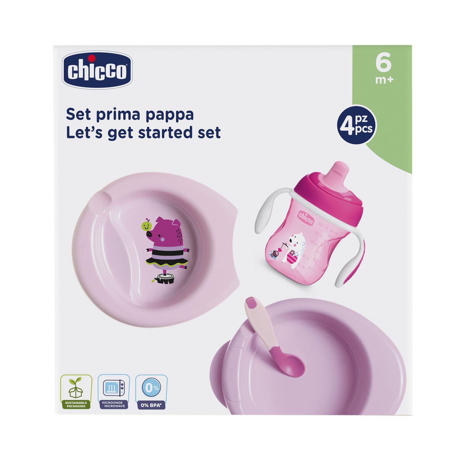 Chicco Set Composto da Tazza Training Cup, Primo Cucchiaio, Piatto Pappa Calda, Facile, Età 6 Mesi +, Rosa, Versione per Bimba