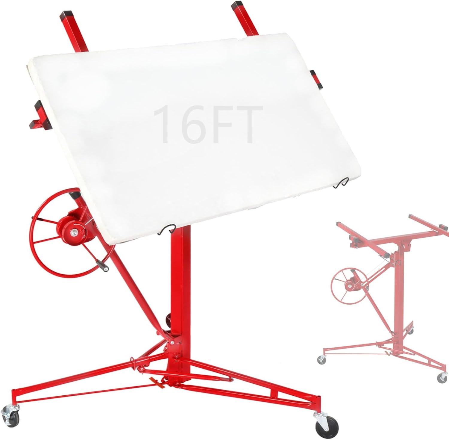 16ft Drywall Panel Hoist with Lockable Wheels Drywall Rolling Lifter with Jack Caster Construction, Red, Red