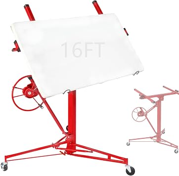 16ft Drywall Panel Hoist with Lockable Wheels Drywall Rolling Lifter with Jack Caster Construction, Red, Red