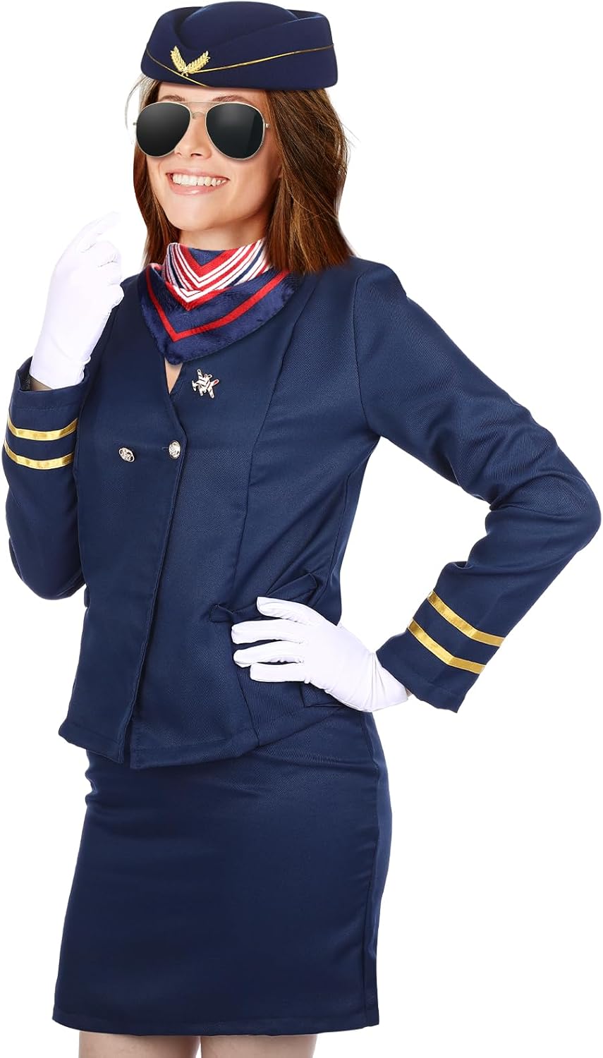 Xtinmee 7 Pcs Halloween Flight Attendant Costume Women's Pilot Captain Cosplay Accessories Pilot Hat Role Outfits