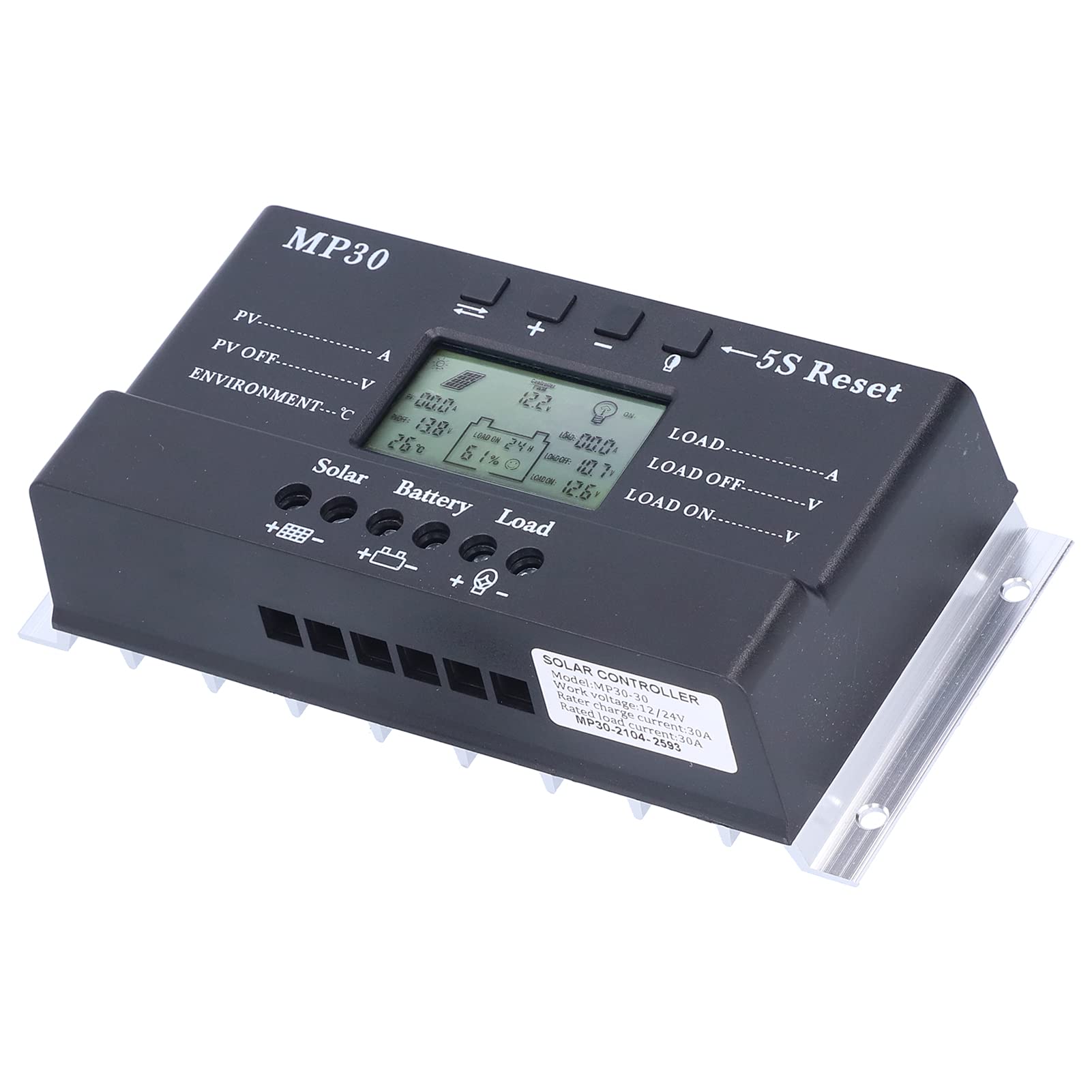 Controlador de carga solar MPPT 30A 12 24V Pantalla LCD Retroiluminación Protección del circuito Puerto USB Regulador de aleación de aluminio Manager del paquete de energía para