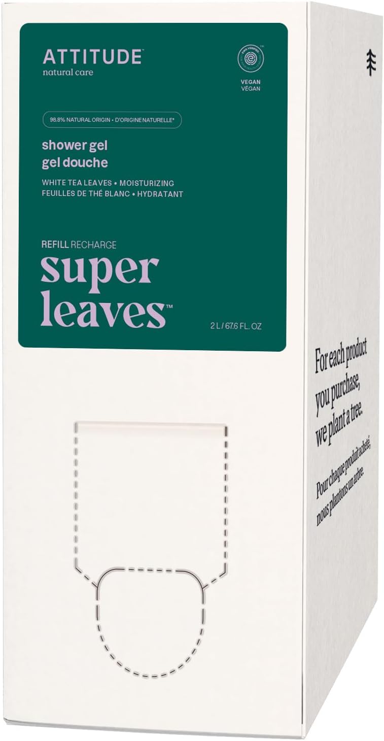 ATTITUDE Body Wash, Made in Canada, EWG Verified Shower Gel, Dermatologically Tested, Plant and Mineral-Based, Vegan Personal Care Products, White Tea Leaves, Bulk Refill, 2 Liters