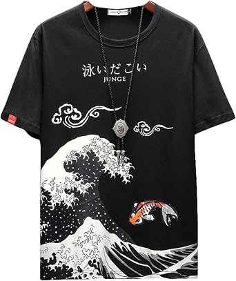 Men Landscape Vintage Japanese T-Shirt, The Great Wave Off Kanagawa Wave Graphic Y2K Short Sleeve Shirt Top Women