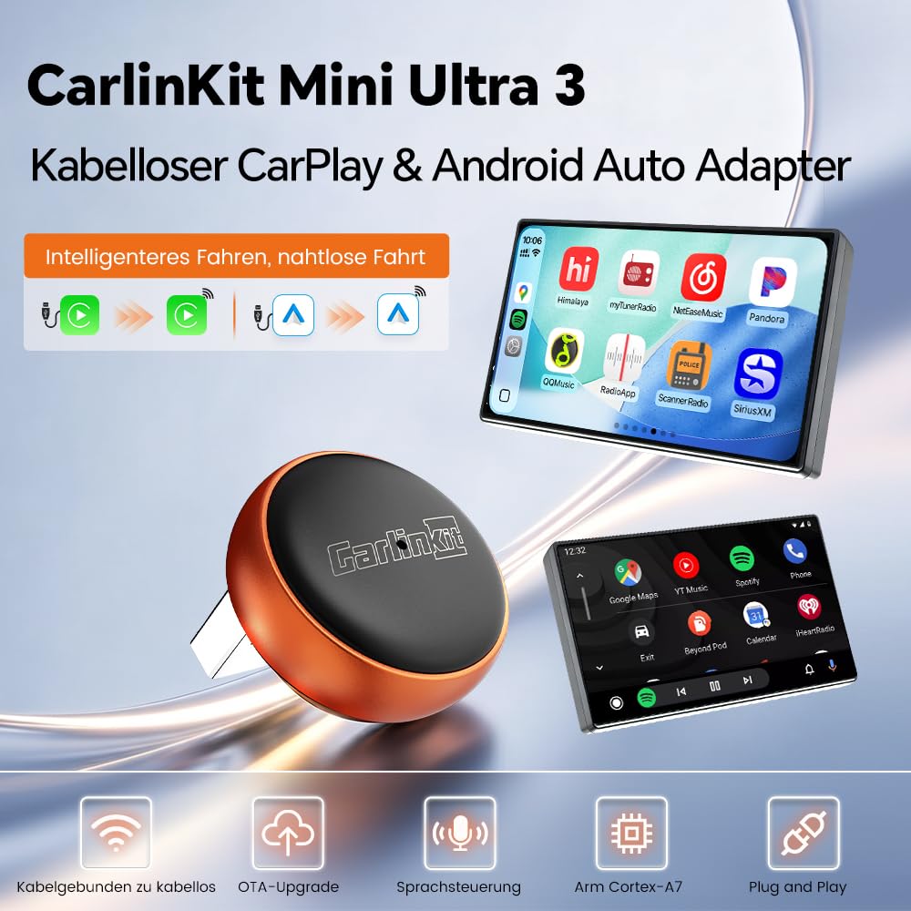 Carlinkit Mini Ultra 3 Wireless CarPlay Adapter, Wireless Android Auto Adapter, Wandelt OEM kabelgebunden zu kabellos um, USB-A/C Plug & Play, Auto-Connect, OTA Upgrade, Orange