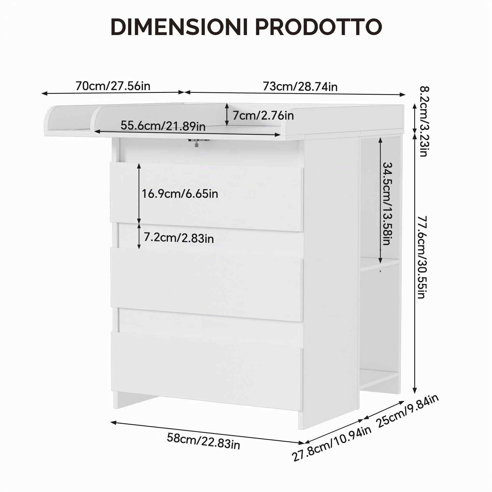2 in 1 Fasciatoio Neonato, Cassettone con Ripiano Fasciatoio Rimovibile, Fasciatoio Cassettiera con 3 Cassetti e 6 Scomparti Aperti, per Cameretta Camera da Letto 73x70x78 cm/113x32x70 cm - Bianco