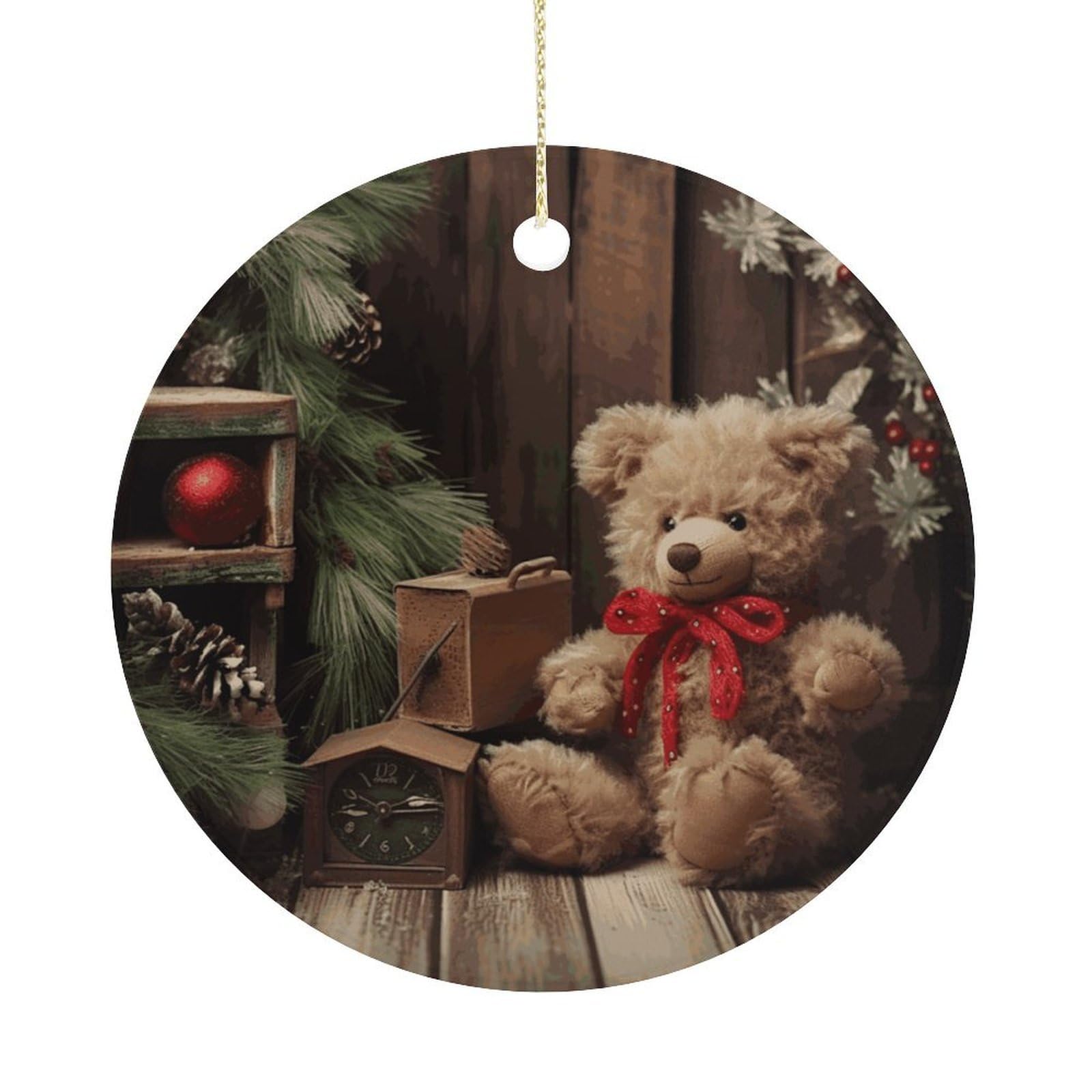 Xmas Tree Branch Bear Doll Christmas Ornament,Round Ceramic Ornaments Personalized Christmas Tree Ornament for Holiday Porcelain Keepsake Gifts Ideas Home Decor