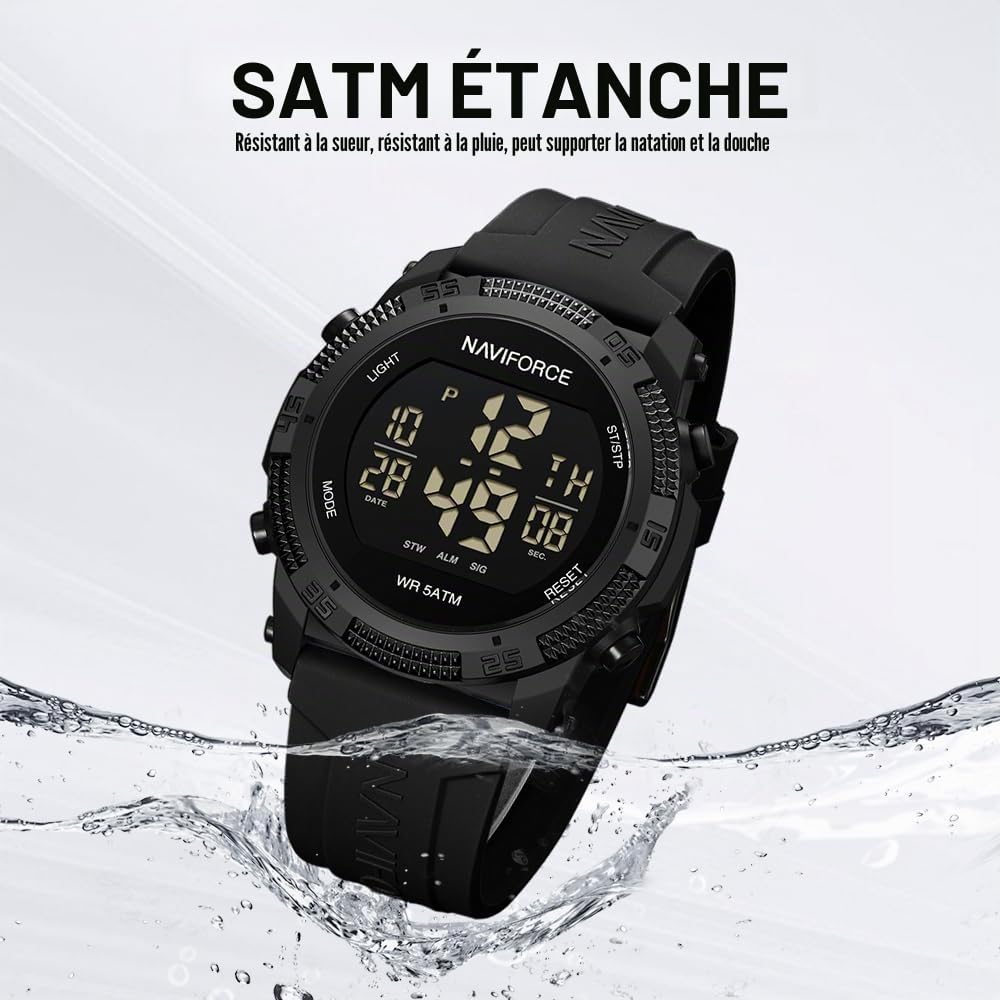 Naviforce Montres numériques de Sport étanches pour Hommes avec chronomètre, Alarme, Bracelet en Caoutchouc, Montre-Bracelet pour Femmes