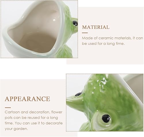 Miniatura 8 de HOMSFOU Linda maceta de cerámica con forma de rana para decoración de interiores, maceta de dibujos animados para regalo para amantes de las plantas