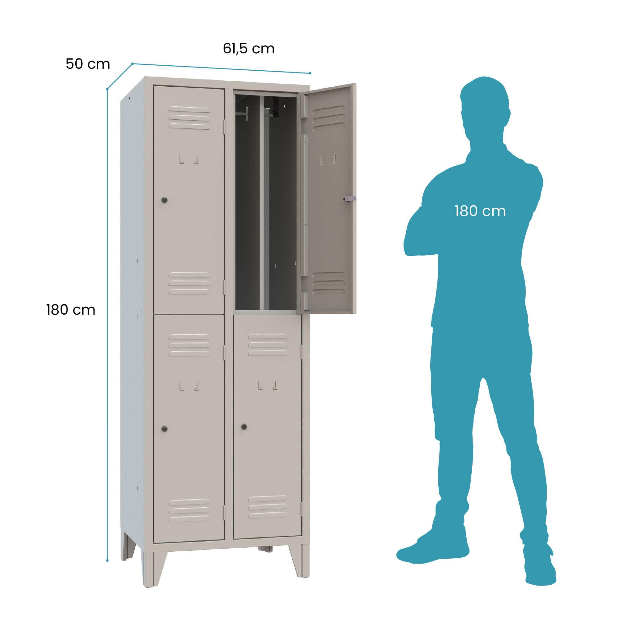XLOCKERS Armadio Spogliatoio Monoblocco Sovrapposto in Metallo Robusto, 2+2 posti con Divisorio Sporco/Pulito, 61.5x50x180cm, Grigio RAL 7035, Made in Italy