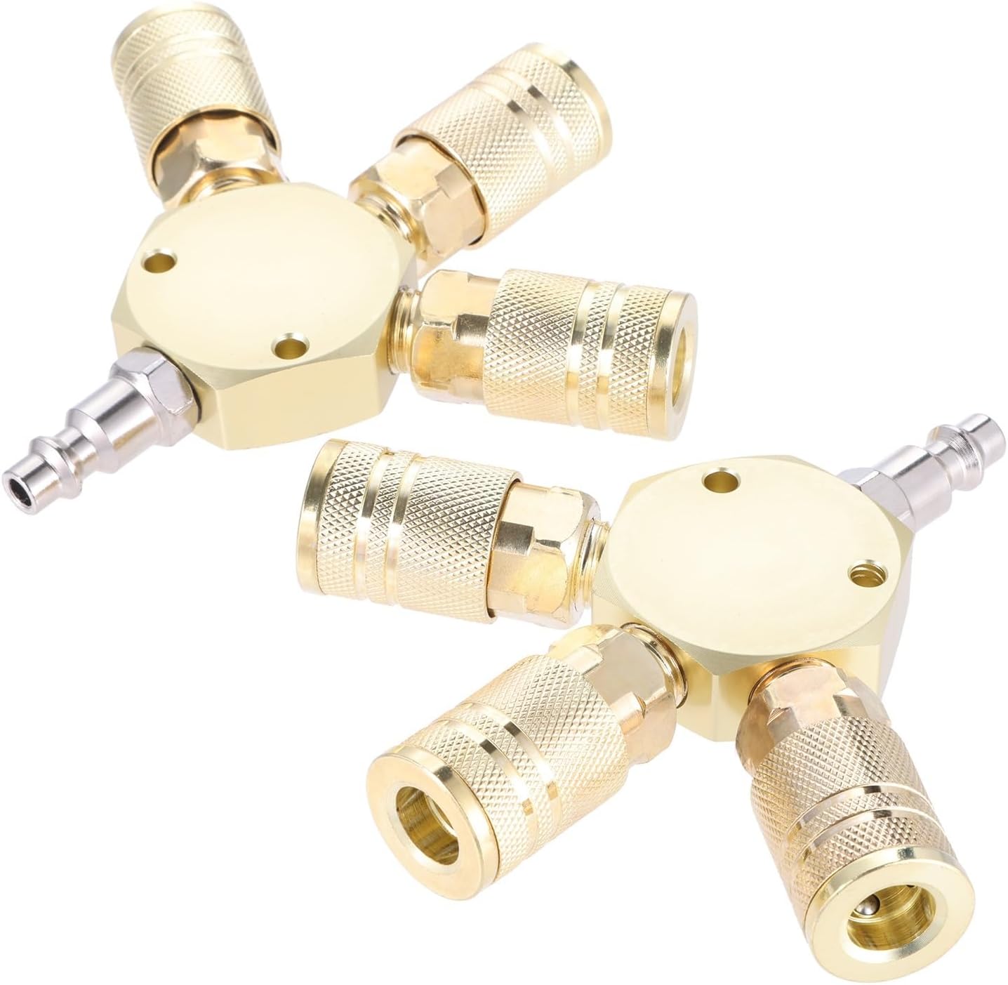2pcs NPT 3 Way Air Manifold 1/4 Inch Air Hose Splitter Air Compressor Quick Connect Fittings Universal Pneumatic Tool(Gold)