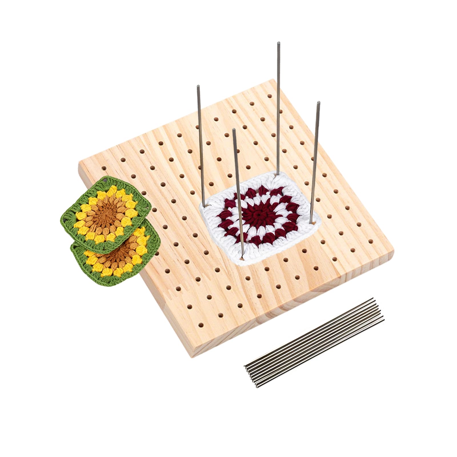 PLUSHCEWT 15x15cm Wooden Crochet Blocking Board with 9 Pins,Granny Square Blocking Board for Knitting and Crochet Projects,Reusable Blocking Mats & Crocheting Accessories Gifts for Crocheters
