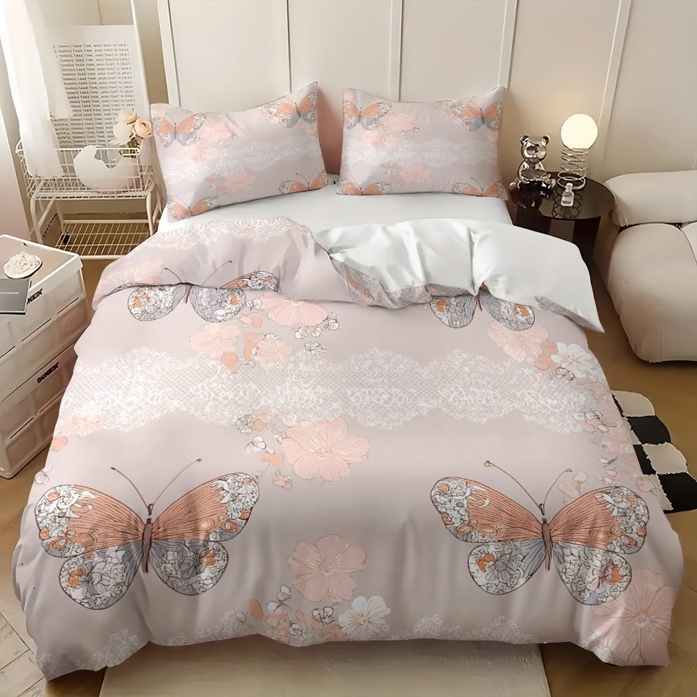 Housse de couette rose motif floral papillon 240x220 cm finitions soignées parure de lit 3 pièces