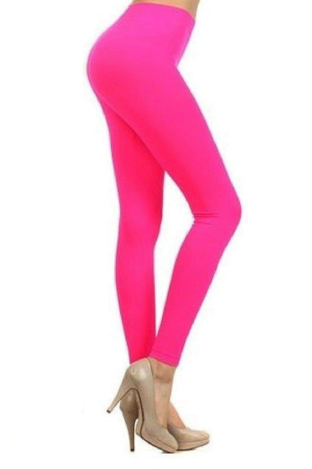 METLUQ M0D4 Ladies Bright Neon 3 Colour Leggings Stretch Plain Gym Legging Dance Pants 8-14 (Neon Pink, UK 12-14 M/L)