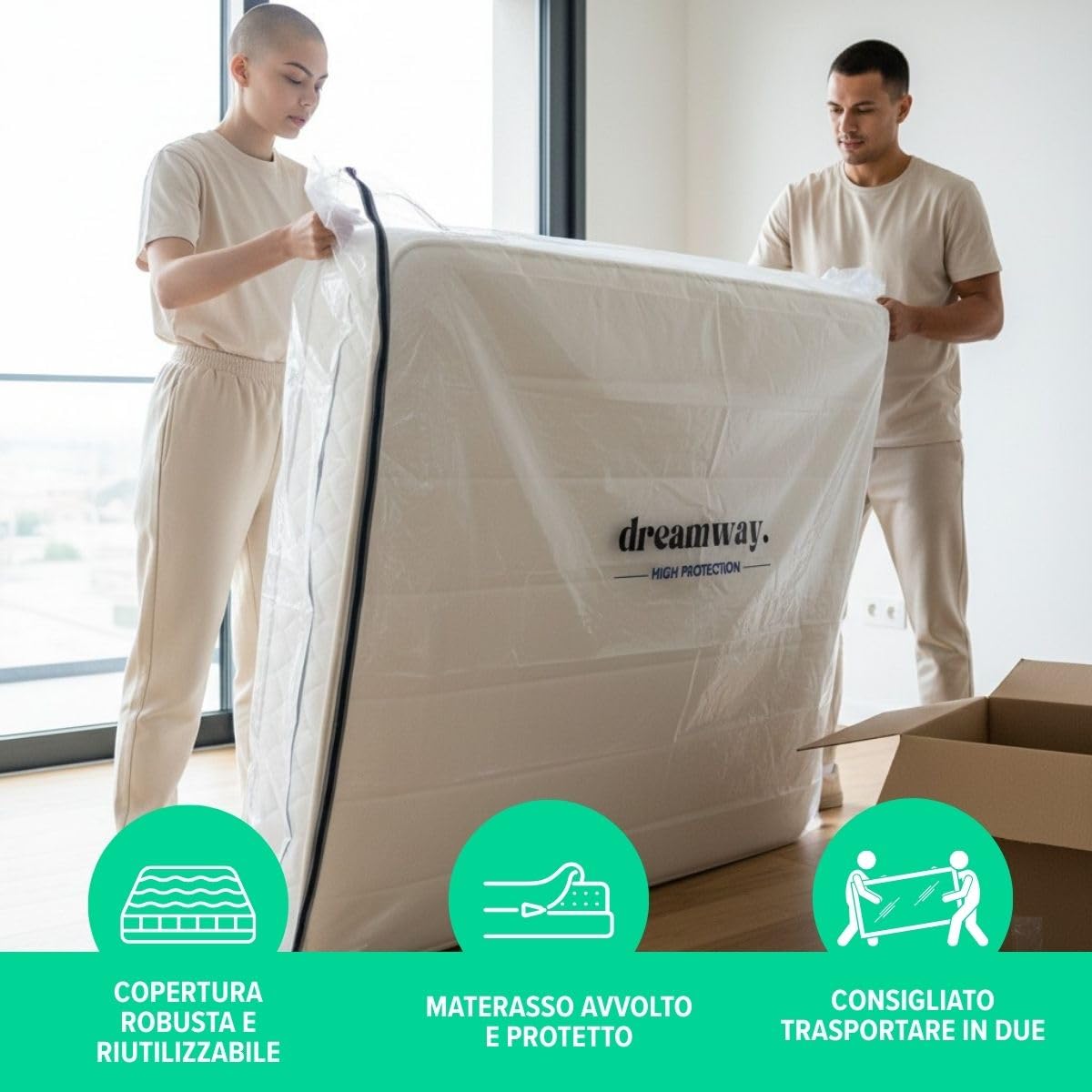 Dreamway Custodia Materasso Singolo per Trasloco e Deposito - Materassi Singoli Robusto con Cerniera - Celofan per Coperture Perfetto per Conservazione, Trasloco - Materasso Singolo 100x200 cm