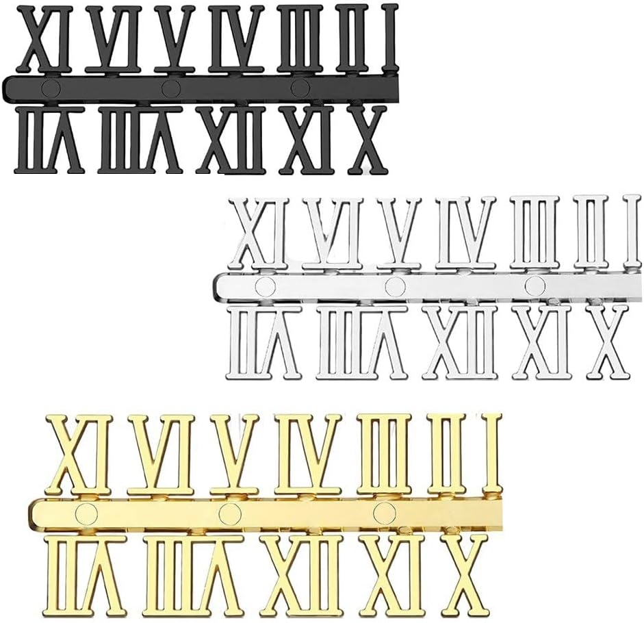 3-Piece Clock Numerals Kit DIY Quartz Wall Clocks – Arabic & Roman Number Stickers in Black, Gold, Silver – Replacement Parts Craft, Decorative & Frameless Clocks(Roman numerals)