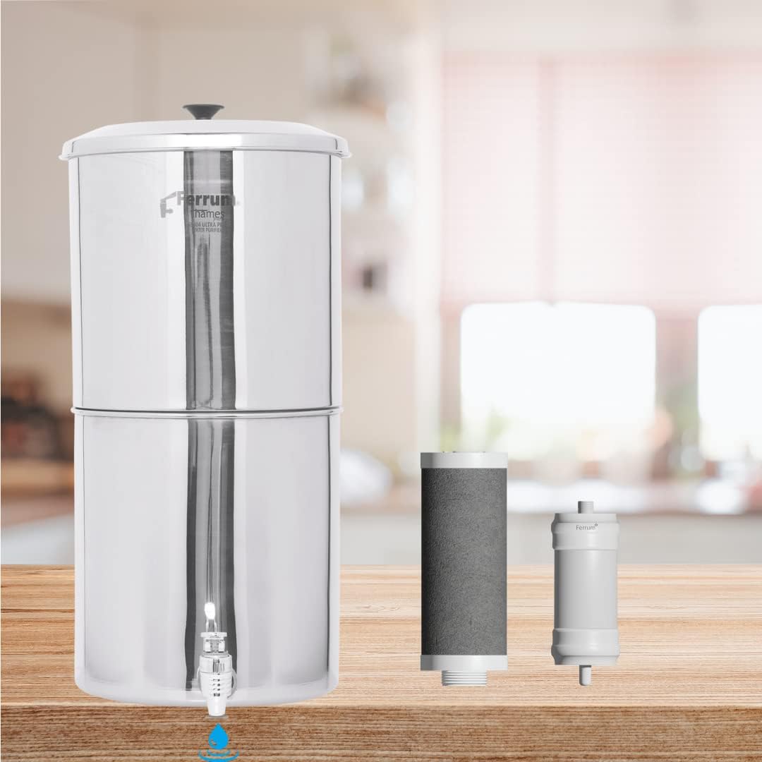 Ferrum Ultra Pro Xs SS304 Stainless Steel UltraFilter Gravity Based Non Electric Water Purifier 20L (10+10L) with Activated Carbon + UF Membrane Water Filter (Gloss Mirror Finish Stainless Steel)