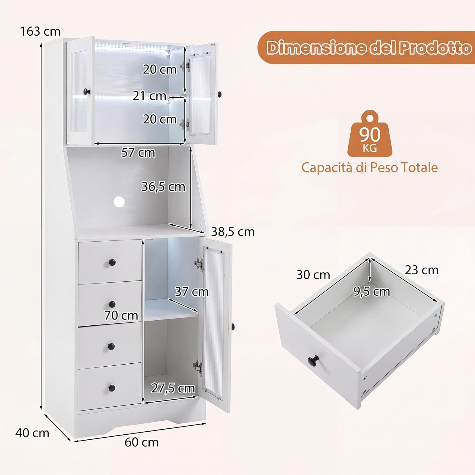 COSTWAY Credenza Alta da Cucina, Dispensa Moderna con Luci LED, Bianco