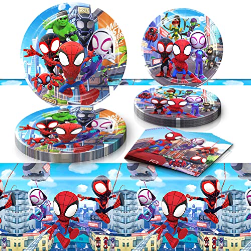 Spidey Birthday Decorations 20 Plates 20 Napkins and 1 Tablecover for Spidey Birthday Party Supplies Spidey Theme Party Decorations