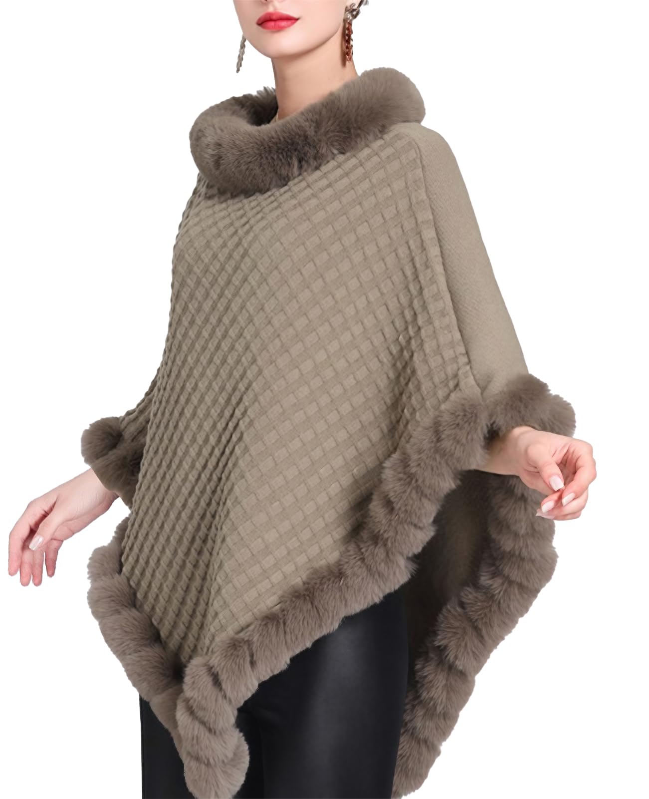 JFAN Ponchos Mujer Capas de Punto Invierno Cálido Elegante Chal con Cuello Redondo Capa de Piel Sintética Térmica para Otoño e Invierno