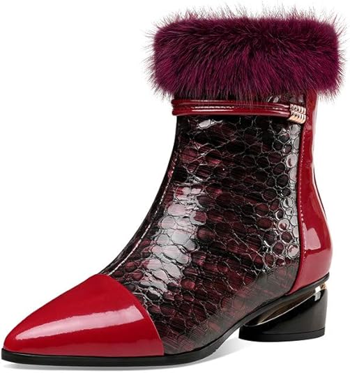 TinaCus Women's Patent Leather Mid Calf Boots - Pointed Toe, Side Zipper, Chunky Low Heel, With Fur