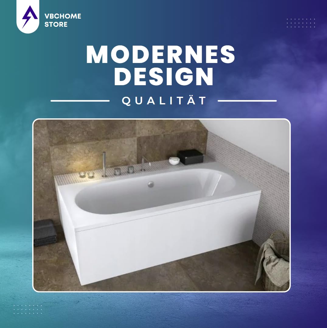 VBChome Badewanne 160 x 75 cm Acryl SET Schürze Siphon Acrylwanne Wanne Rechteck Weiß Design Modern Wannenfüßen Ablaufgarnitur Chrome