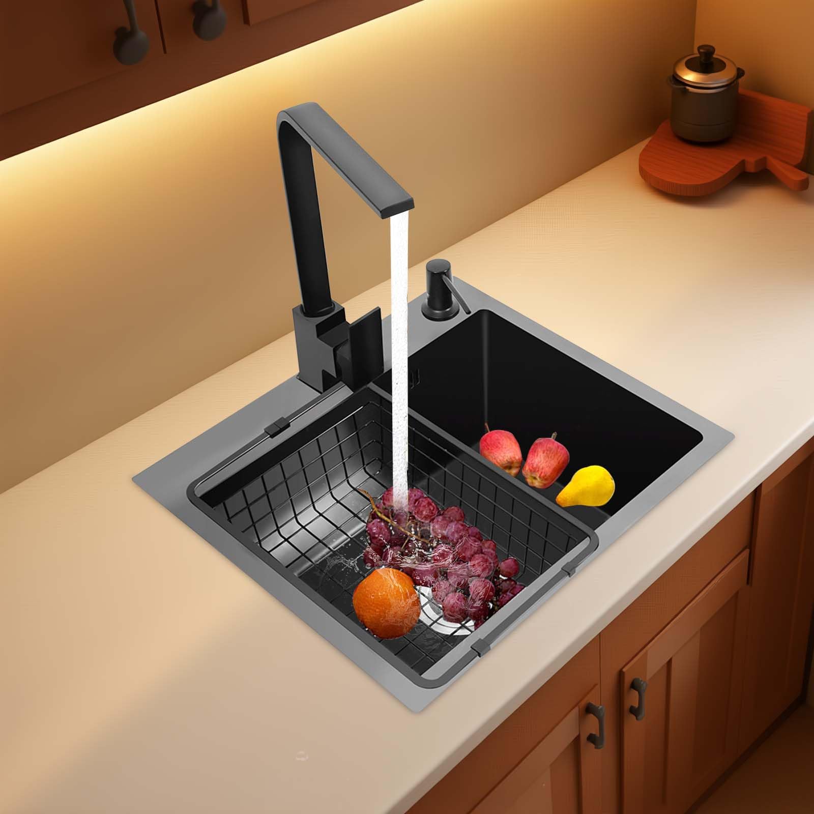 Fregadero de cocina negro de 45 x 40 cm, juego de fregadero con grifo, incluye escurridor y dispensador de jabón, grifo giratorio 360°, color negro mate, acero inoxidable 201