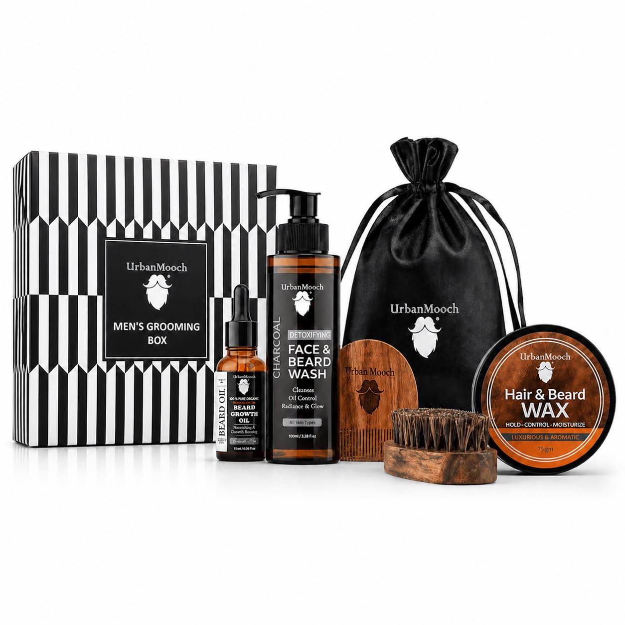 UrbanMooch 5 in 1 Beard Grooming Kit for Men | Face & Beard Wash with Growth Oil, Wax, Brush & Comb | Best Gift for Man | Complete Care solution in One Kit