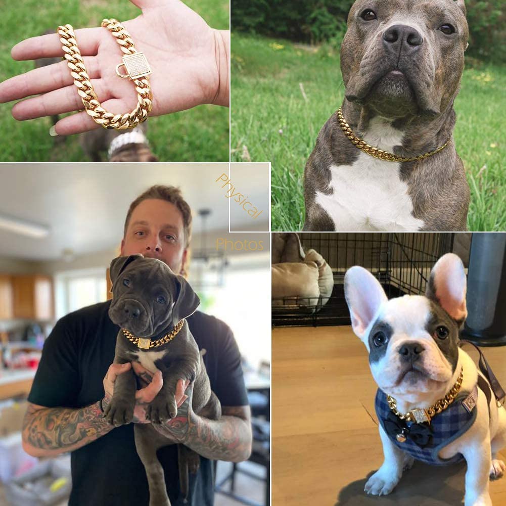 Designer-Hundehalsband Gold Metall Edelstahl mit Zirkonia Schloss 14 mm 18 Karat Gold Big Dog Luxus Training Halsband Cuban Lock Link Halskette Kette (50,8 cm)