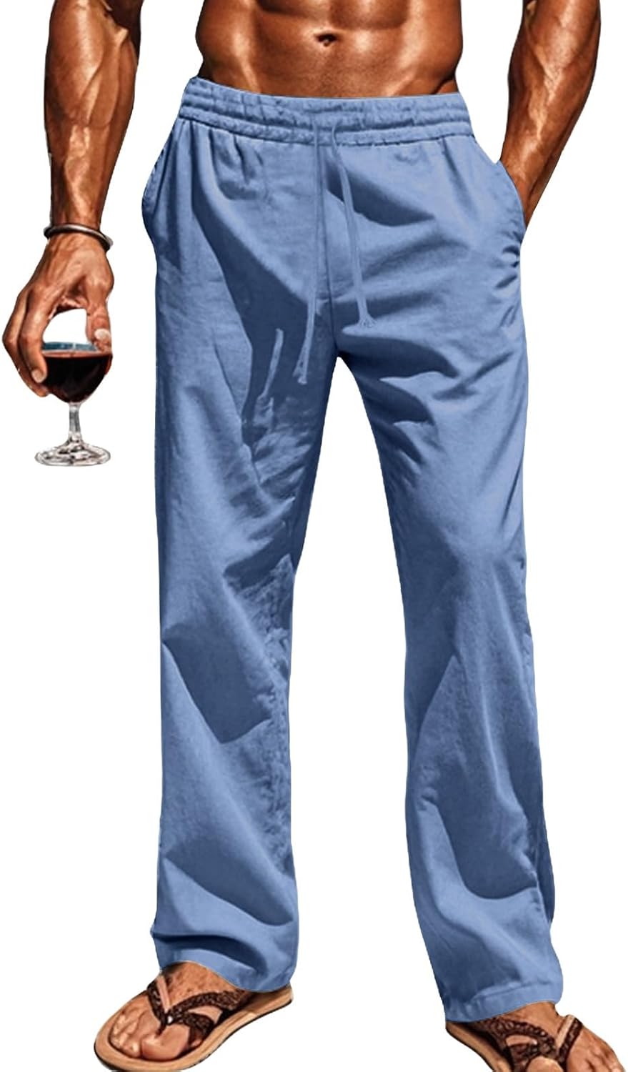 Men's Cotton Linen Pants Loose Fit Breathable Beach Yoga Trousers Drawstring Waist Solid Color Straight-Legs Trousers
