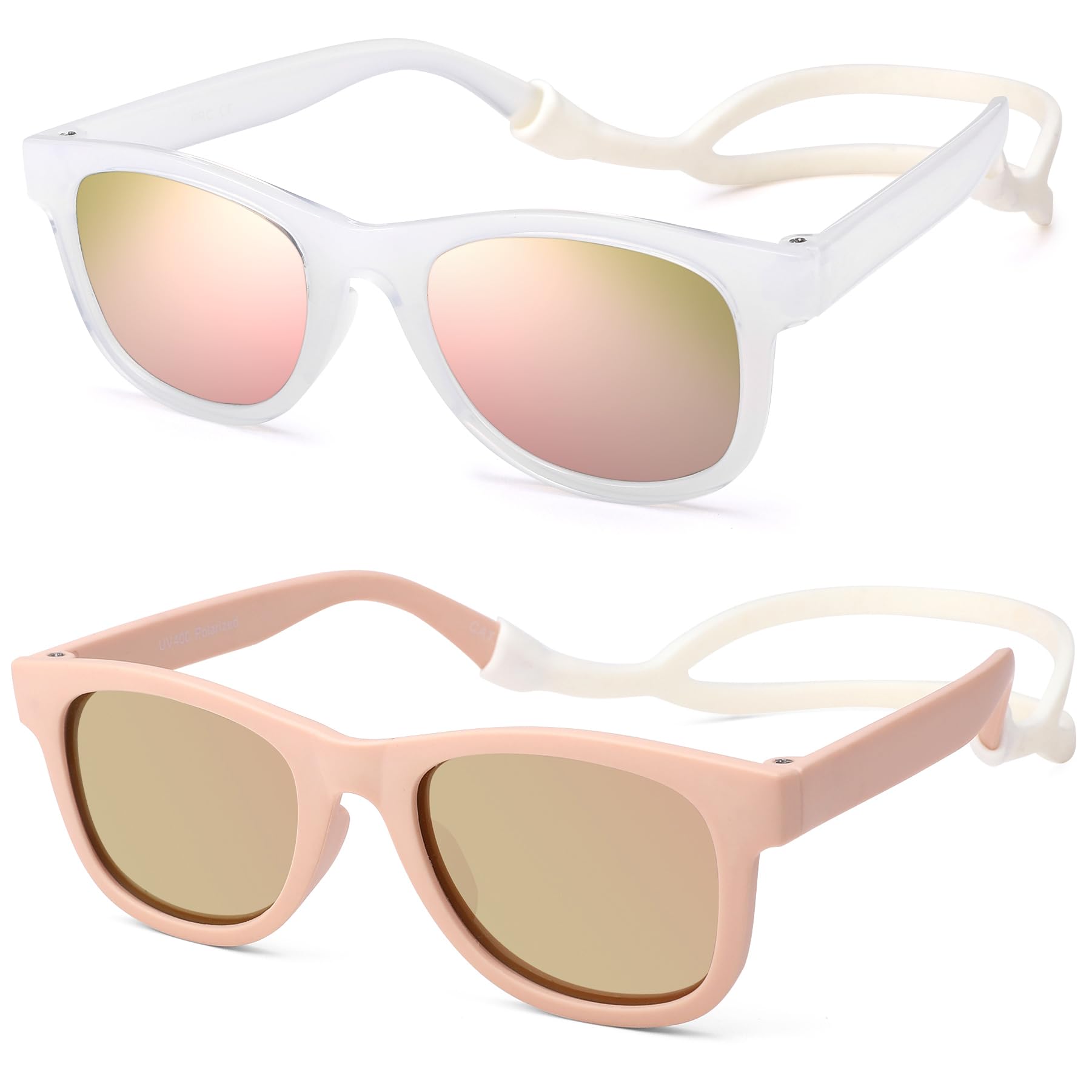 Hycredi Flexible Bendable Baby Polarized Sunglasses with Strap for Newborn Infant Boys Girls Age 0-18 Months- Jelly White/Pink Mirror+Light Pink/Pink Mirror
