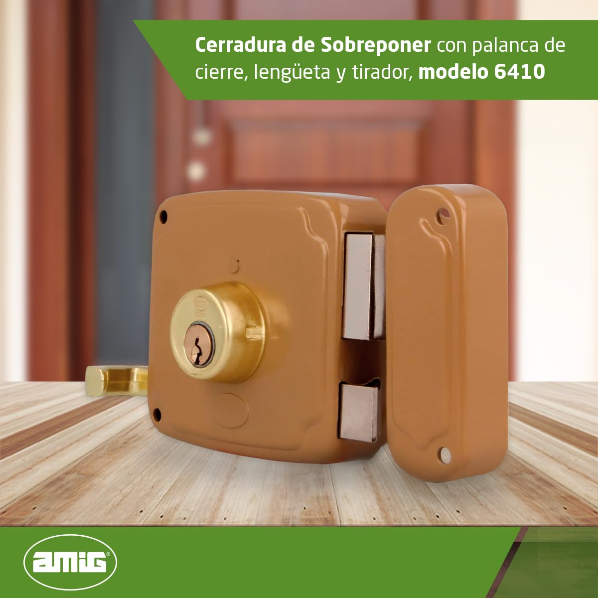 Amig - Cerradura de Sobreponer de Derecha con Palanca de Cierre, Lengüeta y Tirador - Acero Dorado - Medida: 100 x 95 mm - Ideal para Puertas de Madera de Entrada o de Paso