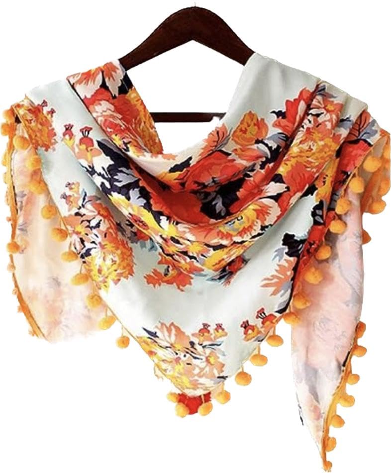 MalvinaGirl's Stylish Printed Triangle Scarf With Pretty Colorful Pom Pom Lace Attache (Multicolor,S03)