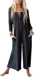 Women's Jumpsuits Long Sleeve Front Button Waffle Knit Jumpers Casual Wide Leg Long Pants Romper with Pockets