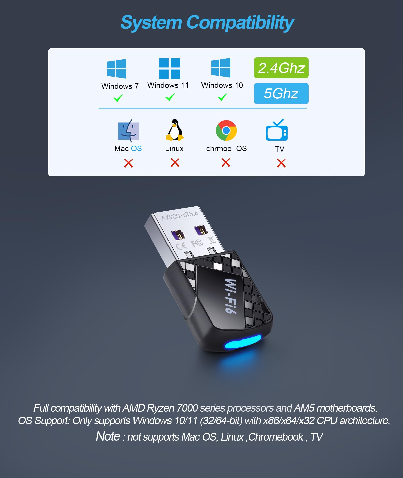 Adaptador Wi-Fi USB, WiFi 6 y adaptador Bluetooth 5.4 para computadora portátil, dongle inalámbrico de 900 Mbps, doble banda 5G/2.4GHz, controlador integrado para escritorio/portátil/PC, WPA3
