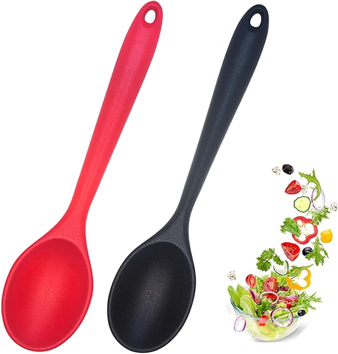 2 Pcs Silicone Nonstick Mixing Spoon, 10.6Inch Silicone Spoons for Cooking Heat Resistant, Cooking Utensil for Kitchen Cooking Baking Stirring Serving (Red,Black)