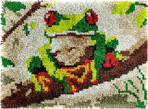 Image of Cute Frog Latch Hook Kits for Adults Kids Beginners Amphibious Animals Latch Hook Rug Kit Pre-Printed Hook and Latch Carpet Making Kits Cross-stitch DIY Wall Hanging Crochet Set 20x15 In. Craft Gift